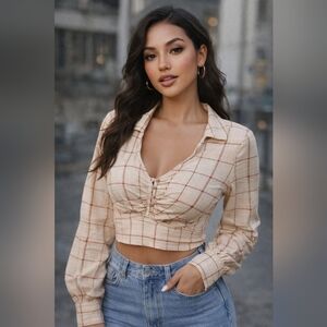 Fashion Nova Beige Plaid Ruched Cropped Button-Front Top
